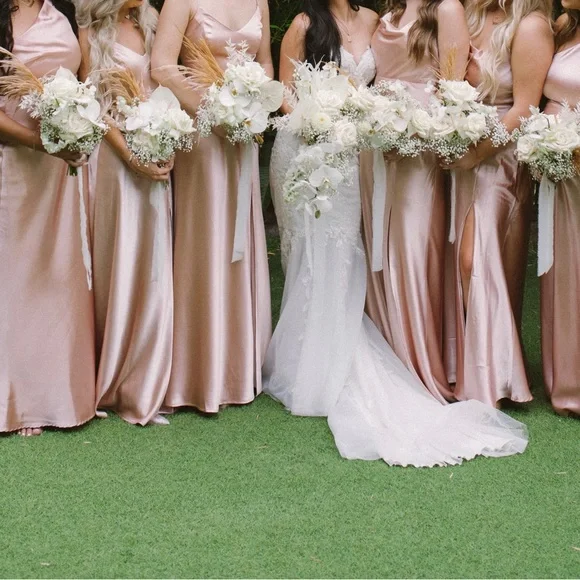 Rose gold and white bridesmaid dresses deals